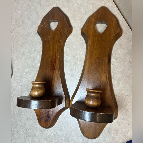 Vintage Homco Wood Taper Candle Wall Sconce Pair Solid Wood with Heart Cut Out - Picture 3 of 6